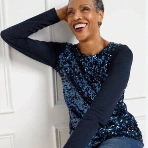 Talbots Sequins top, Navy Blue, Long Sleeve, Front Sequin, Knit, Blue, Size MP